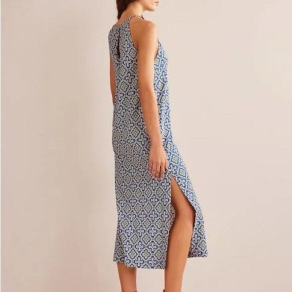 Boden Racer Neck Jersey Dress Size 16-18 Blue Heron Flora Tile Print Midi - Picture 2 of 9